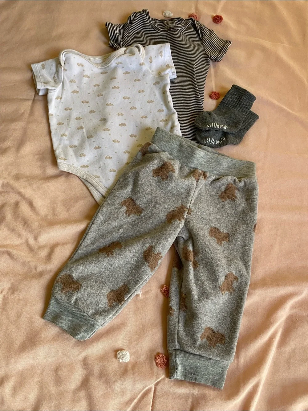 Little Me Cream Ribbed Baby Onesie with Gold Teddy Embroidery